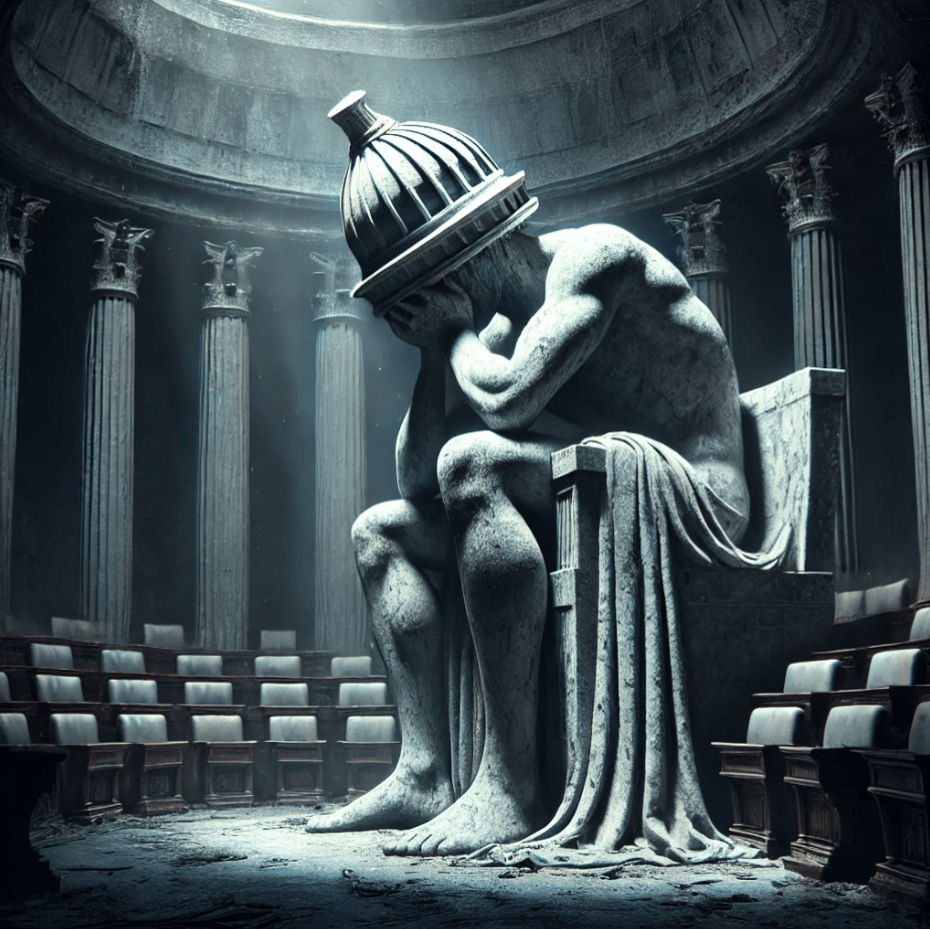 Figura antropomórfica que simboliza la democracia a través del Capitolio de EEUU. Refleja tristeza por el declive de las democracias