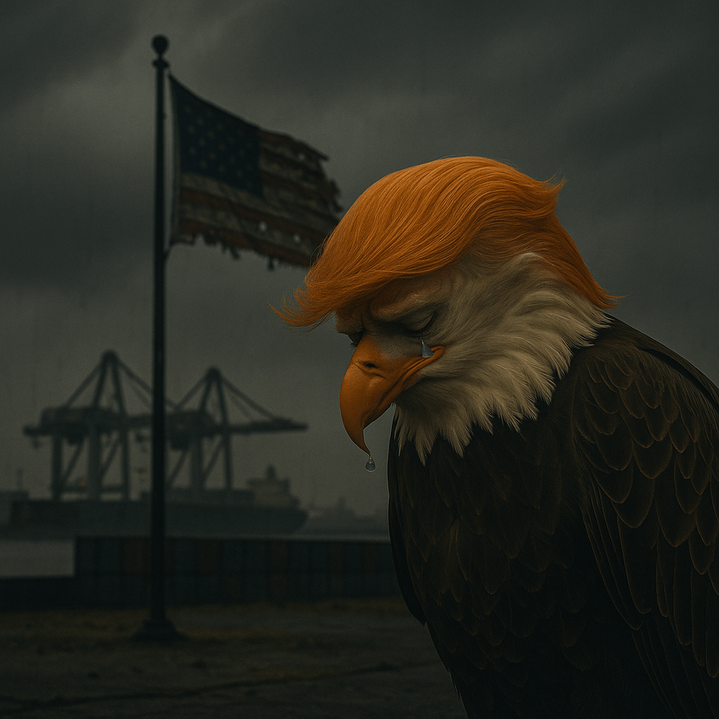 Águila imperial con peinado de Donald Trump y bandera de EE.UU. raída al fondo